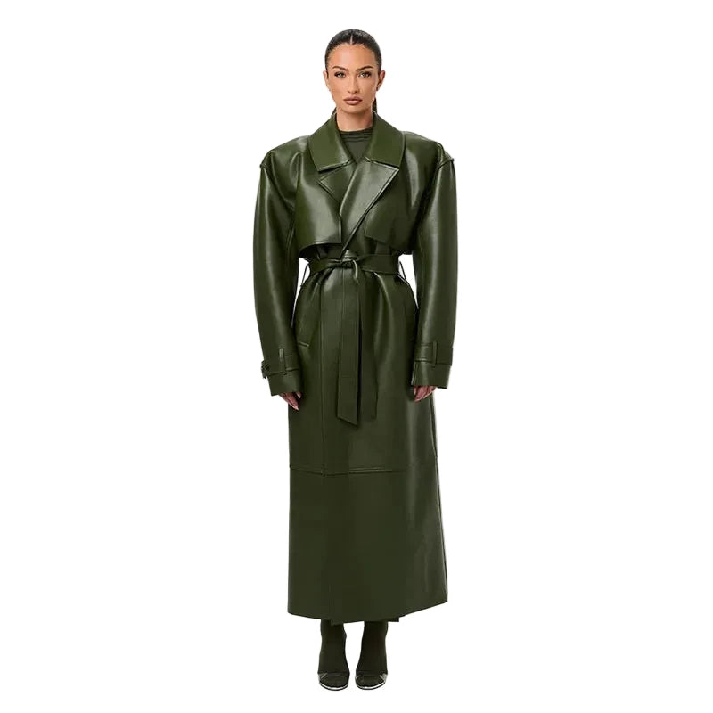 🍒faux leather women coat with lapel long Y2K solid belt and pocket long sleeve pu trench fall winter outwear female Faux Fans Fast Forward