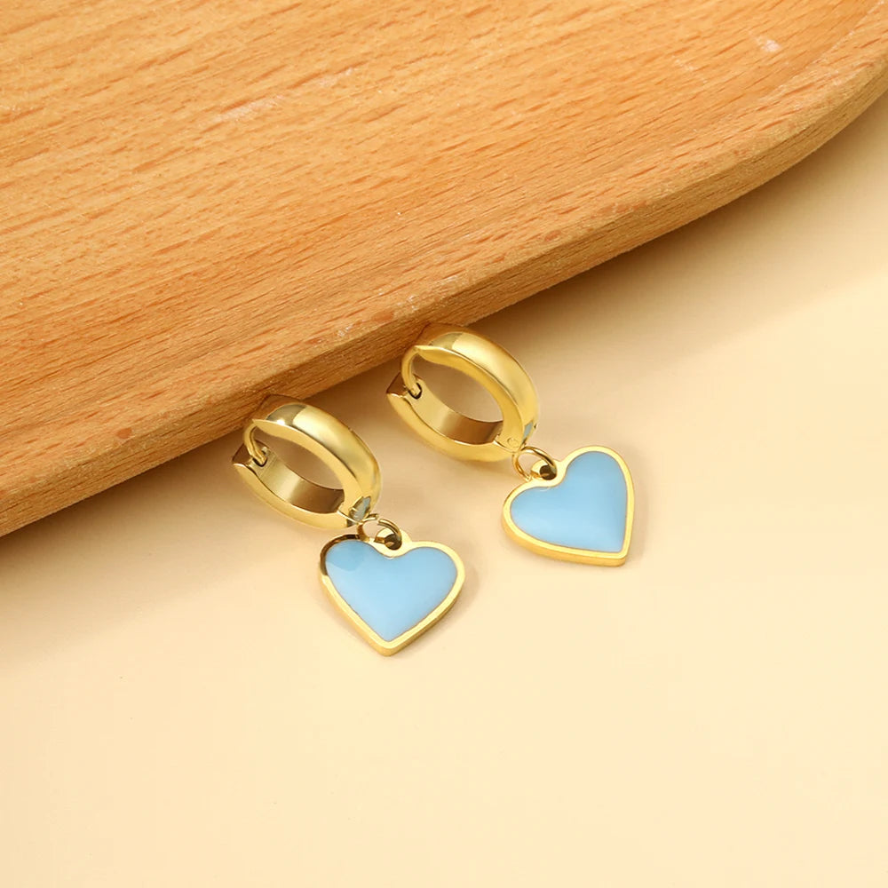 🍒 Stainless Steel Hoop Earrings enamel love heart Women Oil Drip jewelry Blue Black Red dangle drop earrings Always Love Drops