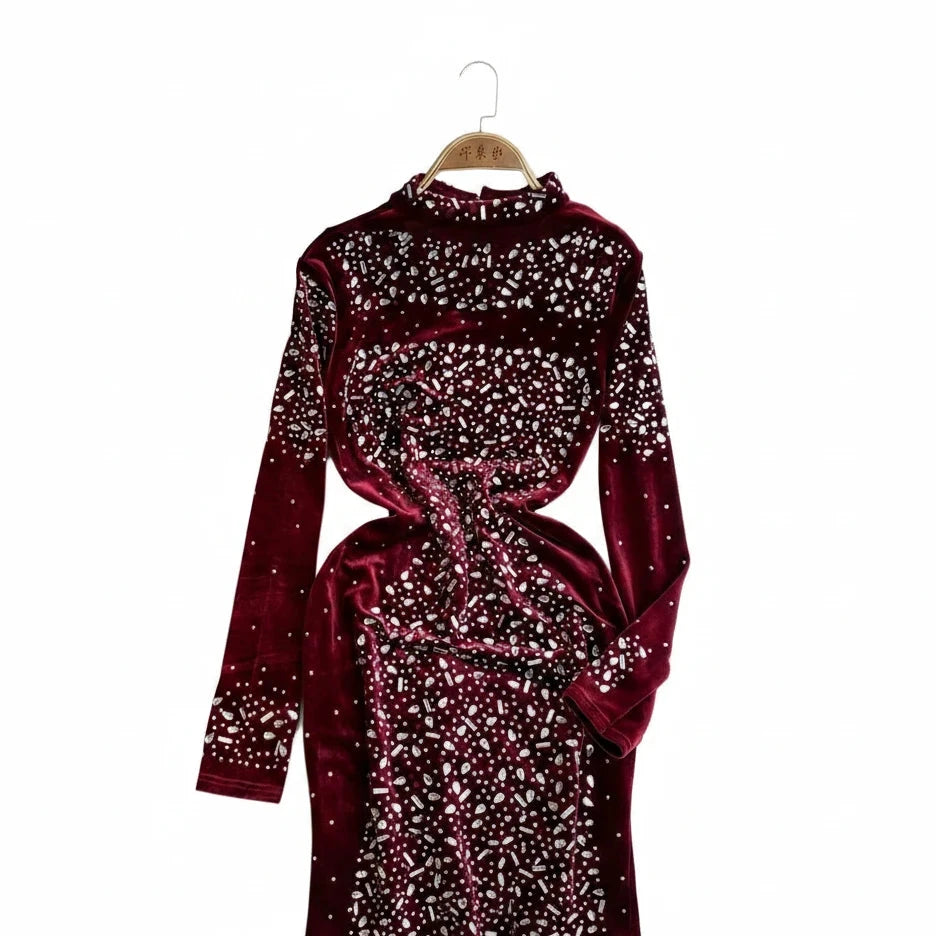 🍒Bodycon o-nek langmou rok glitter strass uitrusting fluweel sjiek oesjaarstyl klere sjiek herfsmode partytjie geleentheid drag Kry Wyn Stoned