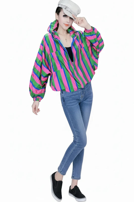 🍒Hooded windbreaker Jacket women streetwear long sleeves spring top quick drying Y2k striped clothing fashion casual bomber women    Swipe Right To This Right Stripe