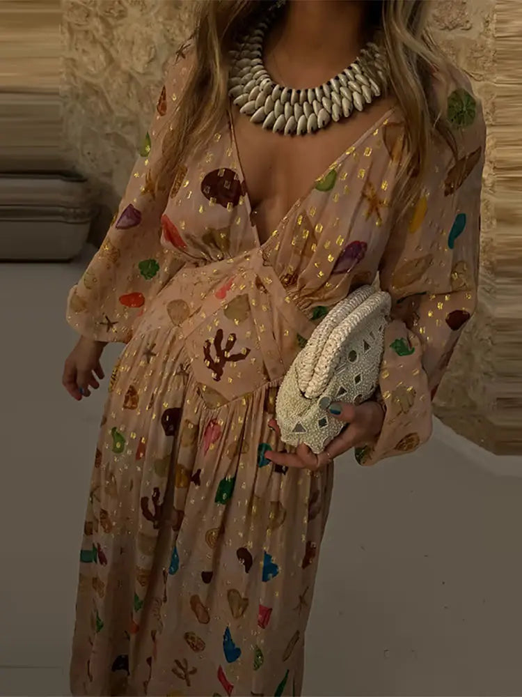 🍒Maasrok vir vroue met V-nek, langmou, drapeer-maxi-uitrusting, boho somerpartytjieklere, geleentheidrokke Hierdie diamant Is Goud