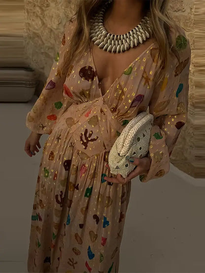 🍒Maasrok vir vroue met V-nek, langmou, drapeer-maxi-uitrusting, boho somerpartytjieklere, geleentheidrokke Hierdie diamant Is Goud
