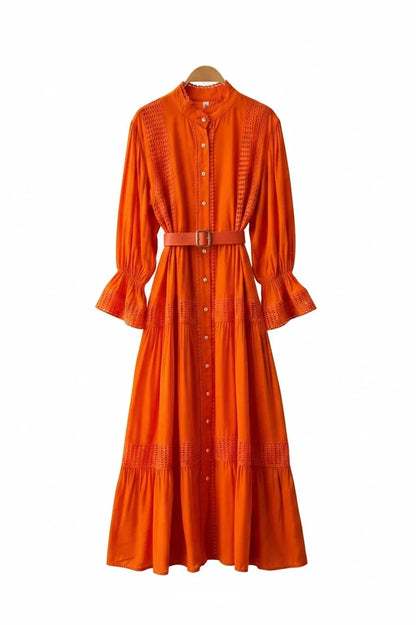 🍒Opstaande kraag maxi rok A-lyn elegante enkelborsknoop slim gemaklik vroue pofferige mou uitrusting enkelborsknoop hemprokke hoë middellyf Y2k mode oesjaarstyl kledingstuk Kry 'n VOLLEDIGE Voorkoms