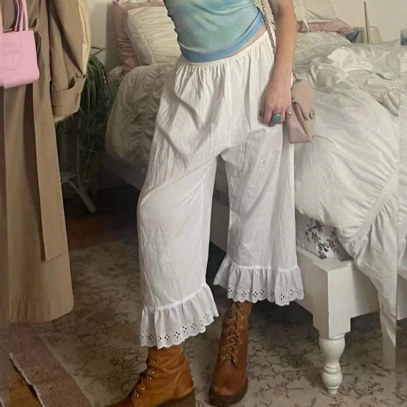 🍒Cottage feetjie wye-pypbroek Y2k esteties 00s retro hoë-middellyf kuitlengte broek Vintage sitkamer lospas gerimpelde soom broek vroulike modeklere vir vroue Kom knus in 'n feetjiehuisie