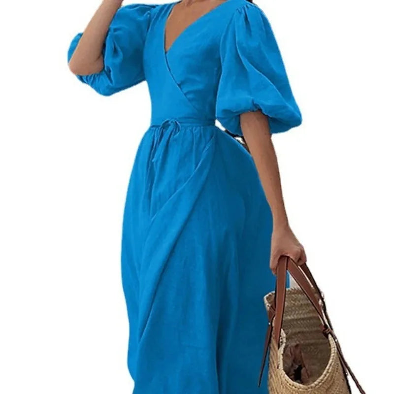 🍒Summer v-neck outfits long slim wrap womens puff sleeve a-Line dress high waist midi fashion occasion party wear elegant mid length Slip-on Stylish Slits