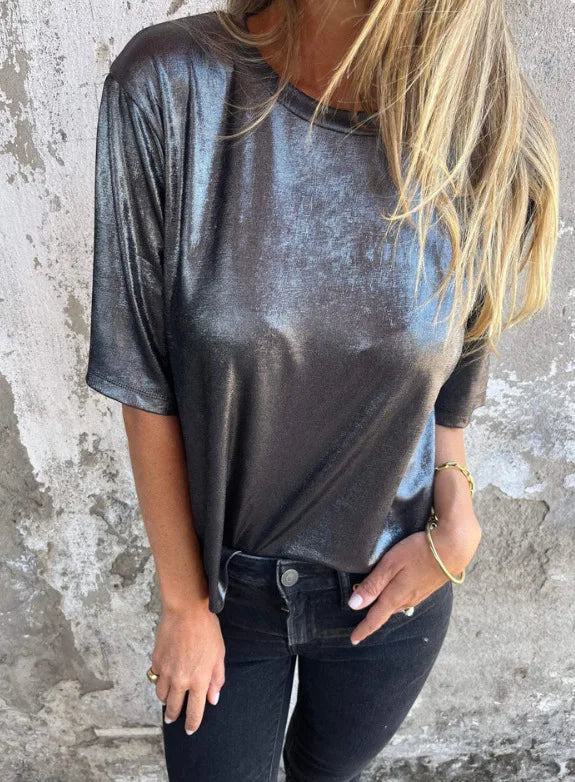 🍒Metaalagtige los top blink kortmou T-hemp dames spesiale geleentheid tops goud T-hemp o-nek mode slim gemaklike damesklere Top 'Talic Tee