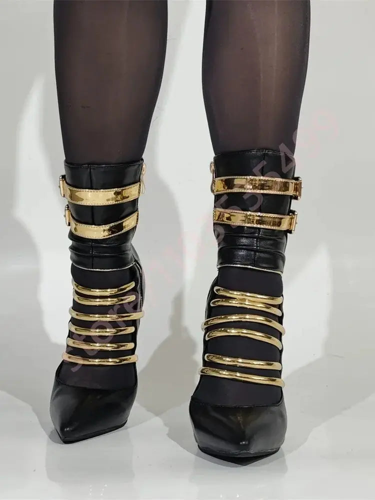 🍒Pointed toe stiletto belt buckle heels banquet shoe boots  for women short fashion footwear occasion party boots black and gold contrast Bootiful Bold Besties