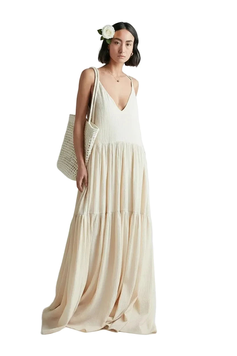 🍒Vroue se gemaklike lang rokke lente dubbel V-nek moulose somerrok los slingervel uitrusting stranddrag vakansiedrag maxi mode Modieus Fantasties