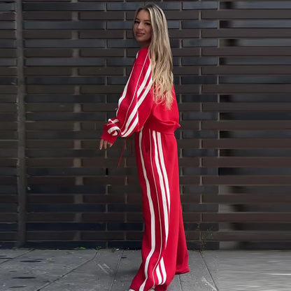 🍒Vroue tweestukbroekstelle streeptrui los V-nektop en wye streeppypbroek sportiewe kortboordrag somer herfs wye pypbroek met trekkoordmiddellyf Sport 'n vrolike Cherri