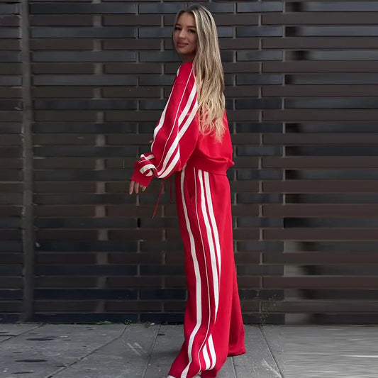 🍒Vroue tweestukbroekstelle streeptrui los V-nektop en wye streeppypbroek sportiewe kortboordrag somer herfs wye pypbroek met trekkoordmiddellyf Sport 'n vrolike Cherri