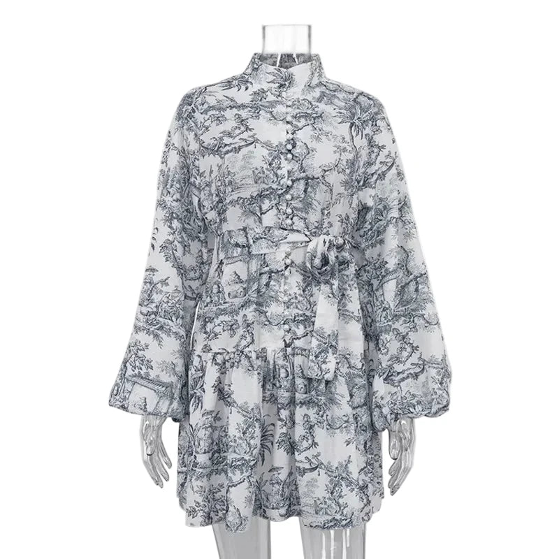 🍒Printed mini dress long sleeve clothes for hot weather o-neck outfit a line flare short china print smart casual female clothes fashion beach party wear holiday wear  Drink Cocktails In Your China