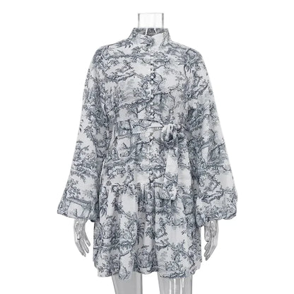 🍒Printed mini dress long sleeve clothes for hot weather o-neck outfit a line flare short china print smart casual female clothes fashion beach party wear holiday wear  Drink Cocktails In Your China