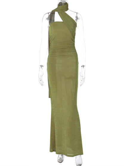 🍒Solid halter neck dress sleeveless design ruched bodycon maxi summer outfit for women evening party wear for ladies occasion fashion wear
