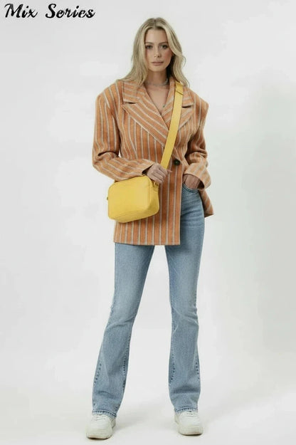 🍒Gestreepte baadjie, volmou-baadjie vir dames met gekerfde lapelkraag, dubbelbors lentejas, mode drag, kantoorklere   Look Sjokolade In Oranje