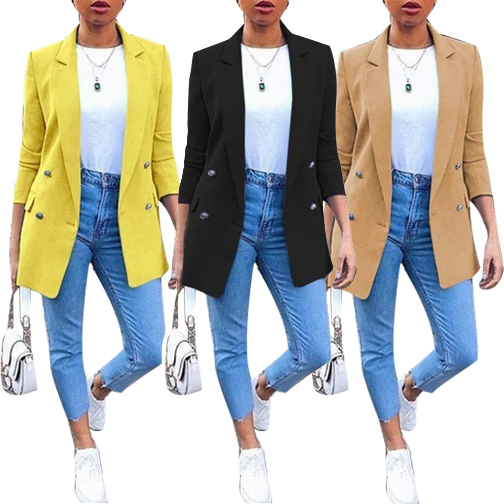 🍒Solid casual office suit jacket womens fashion wear vintage long sleeves coat spring/summer autumn lady Jackets blazers Jacket Lapel outerwears Work It With A Blue Collar Worker