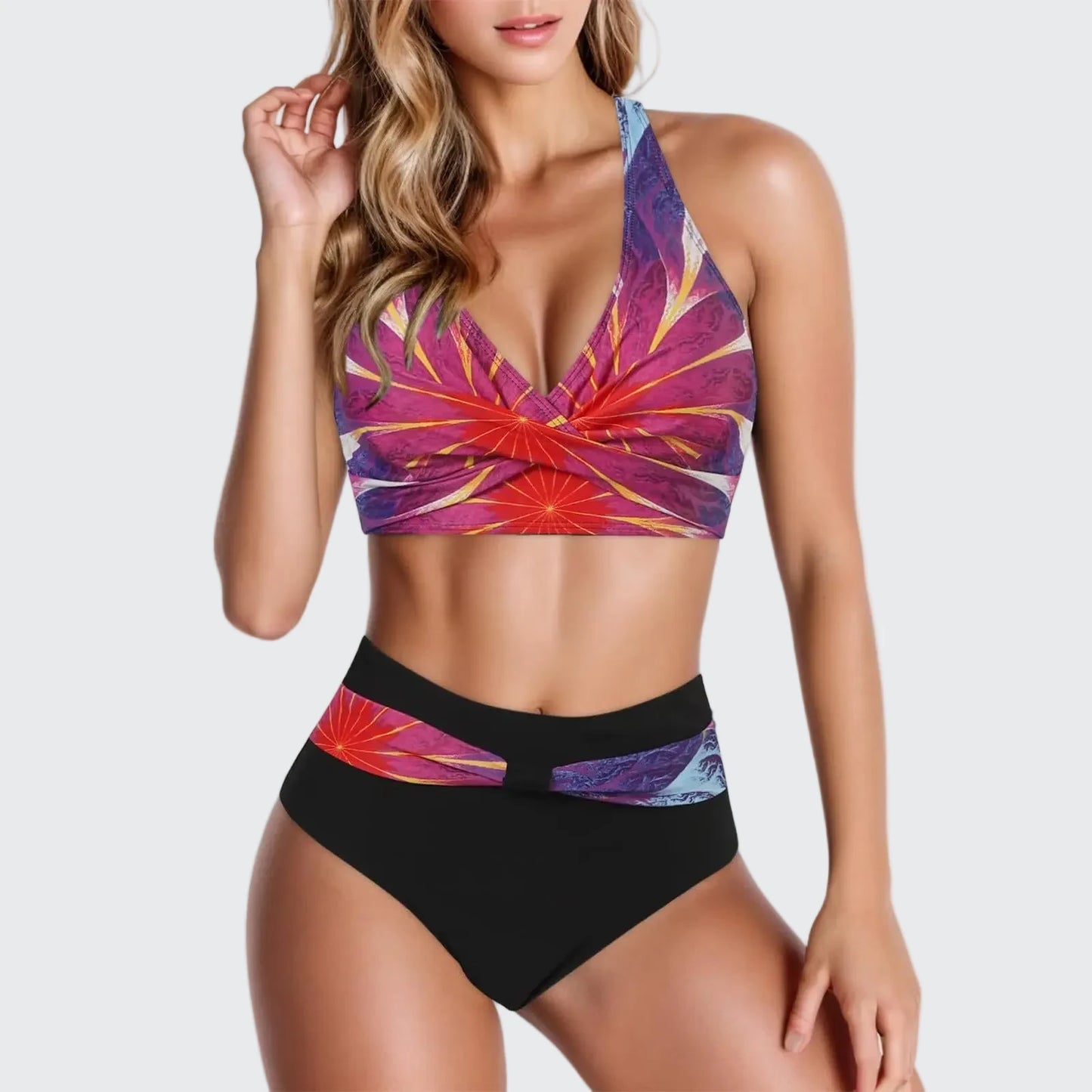 🍒V neck bikini set polka dot print swim set high waisted swim wear for women solid push up two-piece swimwear printed beach wear fashion get SET for the BEACH