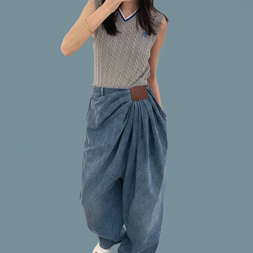 🍒Denim trouser baggy loose pleated casual wide leg jeans women designer mid waist pants washed long casual bottoms Gather Cool