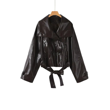 🍒faux leather women coat with lapel long Y2K solid belt and pocket long sleeve pu trench fall winter outwear female Faux Fans Fast Forward