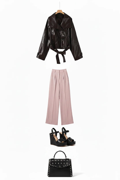 🍒faux leather women coat with lapel long Y2K solid belt and pocket long sleeve pu trench fall winter outwear female Faux Fans Fast Forward