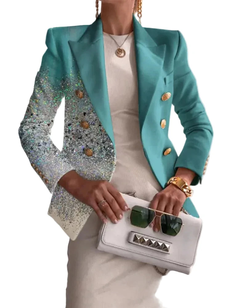 🍒Long sleeve button sequin jacket for occasion simple chic outerwear turn-down collar coats women spring autumn fashion ladies blazers    Aqua -ire A Cool Black and White Jacket
