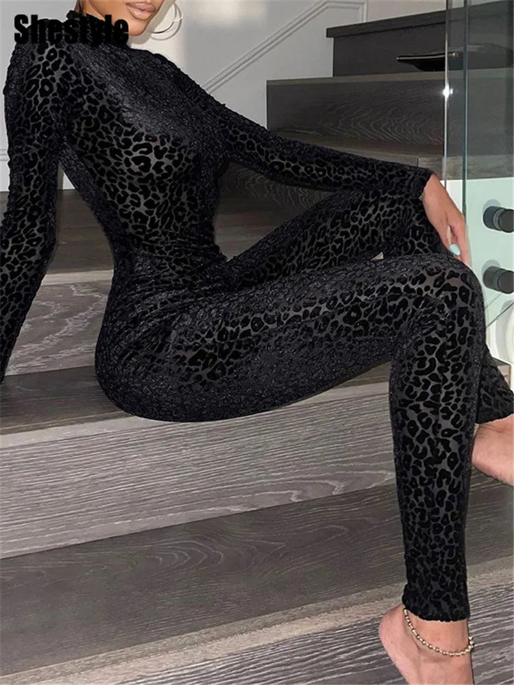🍒Shestyle leopard transparent Jumpsuit skinny one piece for women mock neck black animal print clothing transparent outfit slim clubwear partywear fashion