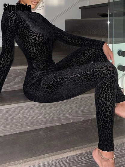 🍒Shestyle leopard transparent Jumpsuit skinny one piece for women mock neck black animal print clothing transparent outfit slim clubwear partywear fashion