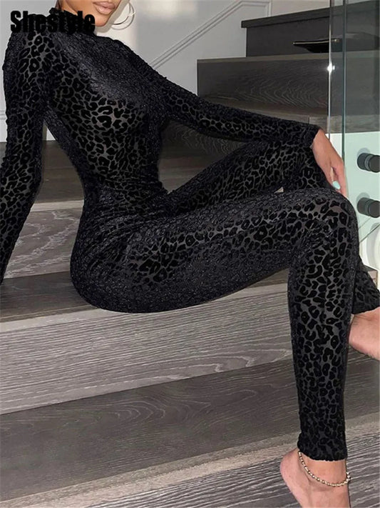 🍒Shestyle leopard transparent Jumpsuit skinny one piece for women mock neck black animal print clothing transparent outfit slim clubwear partywear fashion