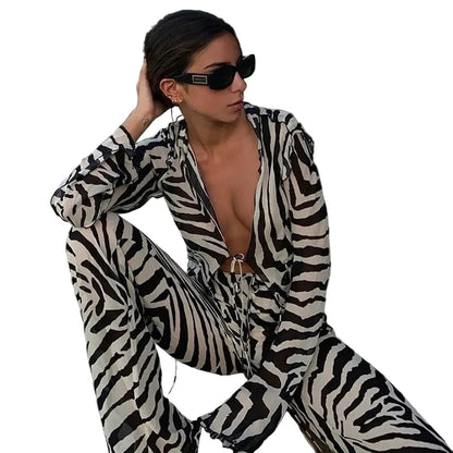 🍒Zebra  print mesh top sheer stripeed shirt outfit for women set tie front detail top and matching pants fashion two piece sets holiday beachwear Do Hot Girl Hot Jungle in Cool Clothes