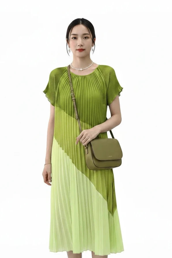 🍒Mid length dresses for women casual outfit short sleeve smart three-residence series round neck clothes fashion pleated loose waist summer wear Angle To A Diagonal