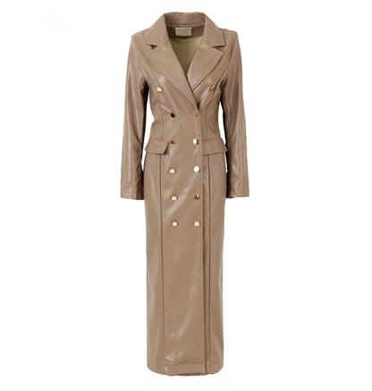 🍒Ekstra lang kunsleer trenchcoat vir dames dubbelbors luukse elegante lang slim gemaklike pu-oorjas Bly OP HOOGTE van DUBBEL neem-klere