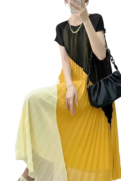 🍒Mid length dresses for women casual outfit short sleeve smart three-residence series round neck clothes fashion pleated loose waist summer wear Angle To A Diagonal