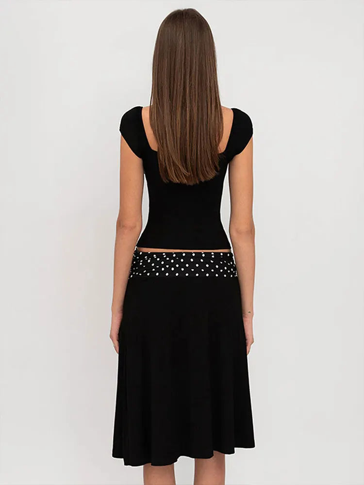 🍒Summer 2 piece set womens bra t-shirt and over knee skirt black polka dot print streetwear fashion smart casual elegant party club clothing  Spots To Wear At Night Spots