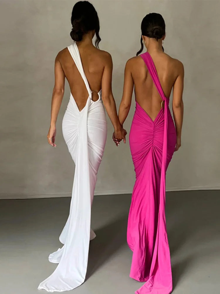🍒One shoulder sleeveless dress backless maxi neon Y2K occassion outfits for women ruched maxi dress clubwear  birthday clothing party evening wear prom frock No BODY Will Be CROSS with this