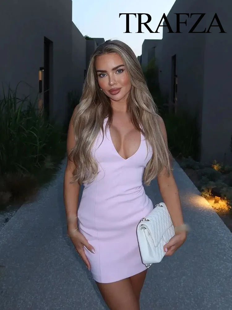 🍒Fashion dress solid v-neck solid mini dress sleeveless backless for women female fashion summer wear beach wear style