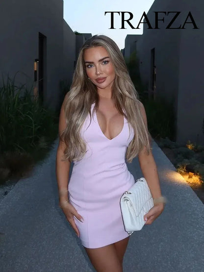 🍒Fashion dress solid v-neck solid mini dress sleeveless backless for women female fashion summer wear beach wear style