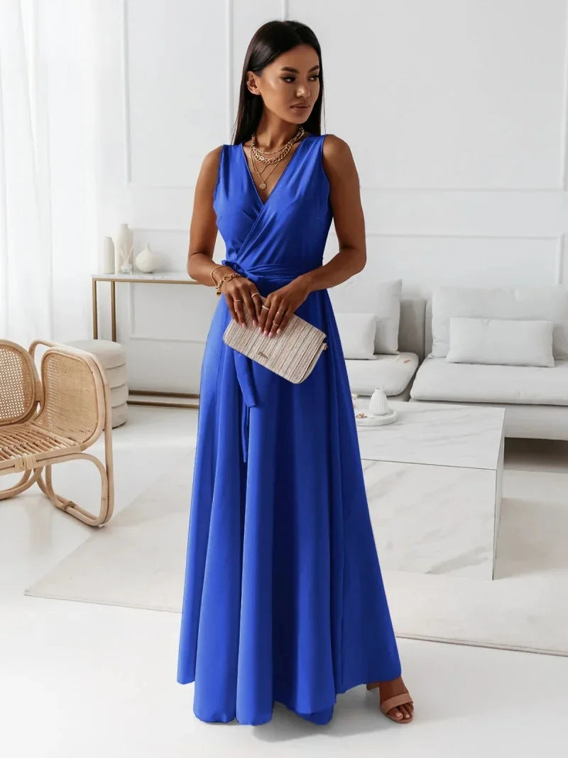🍒Elegant party dresses for women v-neck sleeveless belt evening wear solid colour occasion wear outfit party wear maxi fashion Feminine Female Fashion Flair