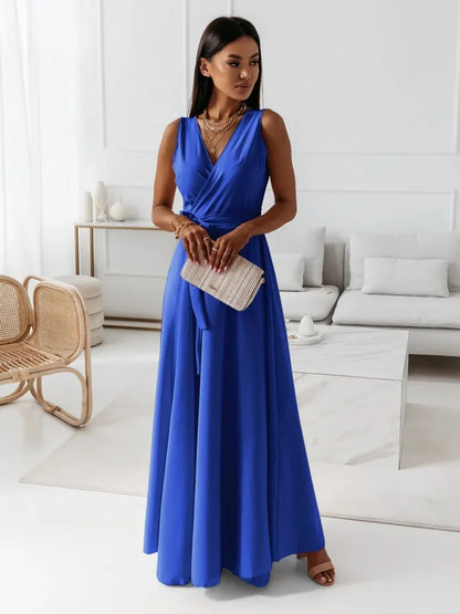 🍒Elegant party dresses for women v-neck sleeveless belt evening wear solid colour occasion wear outfit party wear maxi fashion Feminine Female Fashion Flair
