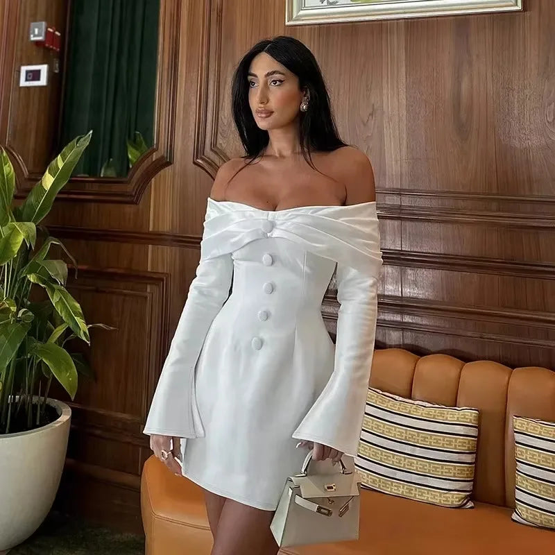 🍒Off-shoulder mini dress long sleeve a line women white outfit strapless long sleeve fashio a-Line short evening dress Point Your Arrow At This Cupid Bow