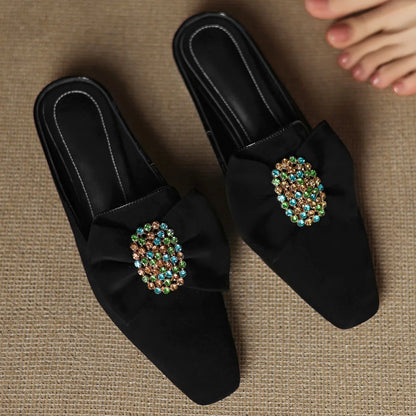 🍒Natural suede black flat mules with bow front slip on shoes for women leather square toe kitten heels flats summer footwear with crystal buckle flats 3cm kitten heel occasìon parry shoes Dont Slip On Slippers