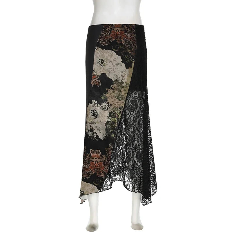 🍒Irregular floral pattern midi skirt casual high waist long skirt elasticated waist mixed media fashion clothing smart casual wear women