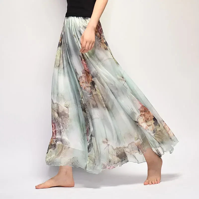 🍒Vintage bohemian long skirt full elegant chiffon fashion beach wear smart casual women high waist maxi skirt outfit summer Clothing Fill Your Basket With Roses
