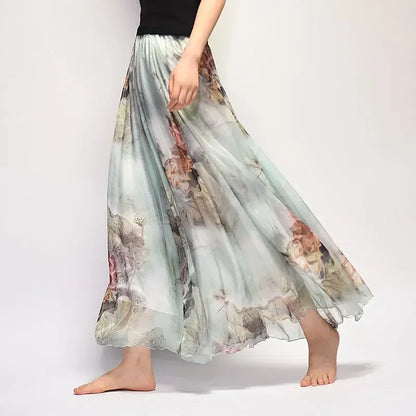 🍒Vintage bohemian long skirt full elegant chiffon fashion beach wear smart casual women high waist maxi skirt outfit summer Clothing Fill Your Basket With Roses