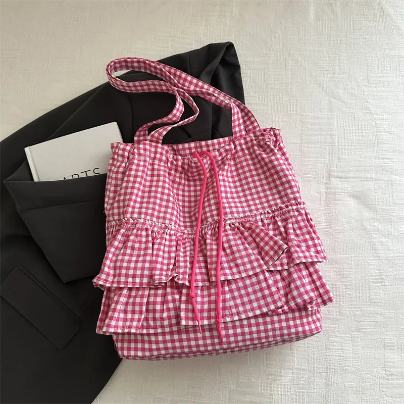 🍒Fashion ruffles check womens drawstring shoulder bag girls commuter womens simple shoulder bag tote bag large capacity handbags