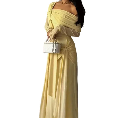 🍒Solid pleated off shoulder maxi dress elegant summer clothes women long sleeve party dress chic occasion wear Get Sun Drenched