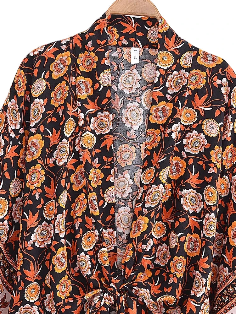 🍒Boho kimono vintage womens fashion short beach swimsuit robe floral clothing batwing sleeve top rayon bohemian bikini cover Ups Beachwear summer clothes Cool Cover