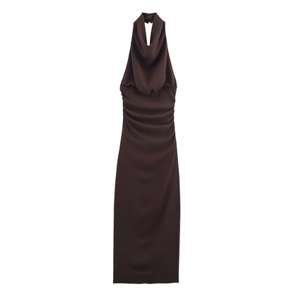 🍒Style sleeveless dresses solid backless halter Fold Decorate Button zipper Female Summer Slim Long Dress 3 Color