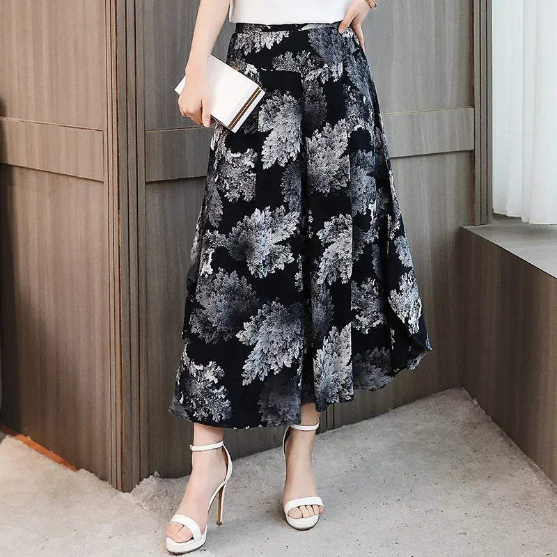 🍒Summer wide leg pants cropped smart casual women high quality loose bohemian skirt pants high waist vintage style trousers multi colour bottoms mid length trousers No Panting In These Summer Light Pants