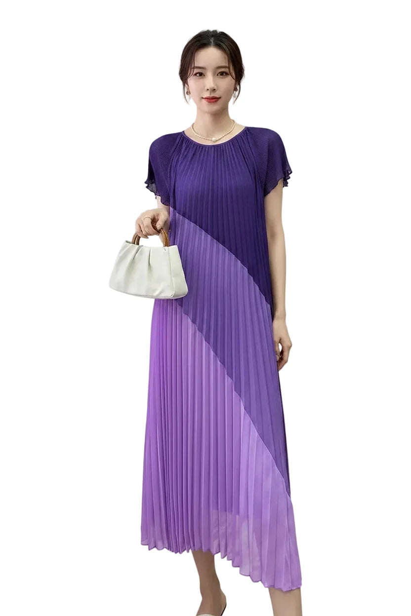 🍒Mid length dresses for women casual outfit short sleeve smart three-residence series round neck clothes fashion pleated loose waist summer wear Angle To A Diagonal