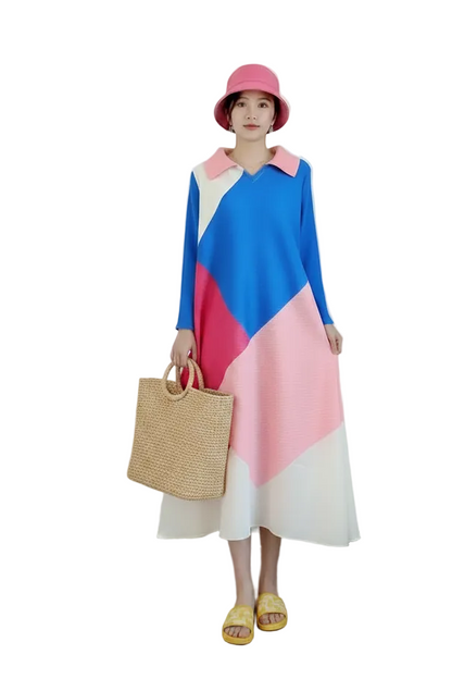 🍒Pleated dress long sleeves colour block outfit midi womens summer loose fashion autumn Clothes smart casual wear Diamond Dress