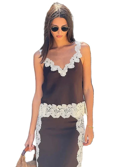 🍒 Kant-camisole en maxi-rompstel vir vroue, lappieskombers mouloos ooprug-top en lang los rompe, vroulike somermode, geleentheidspartytjieklere, deftige gemaklike vroue, Lady Lace